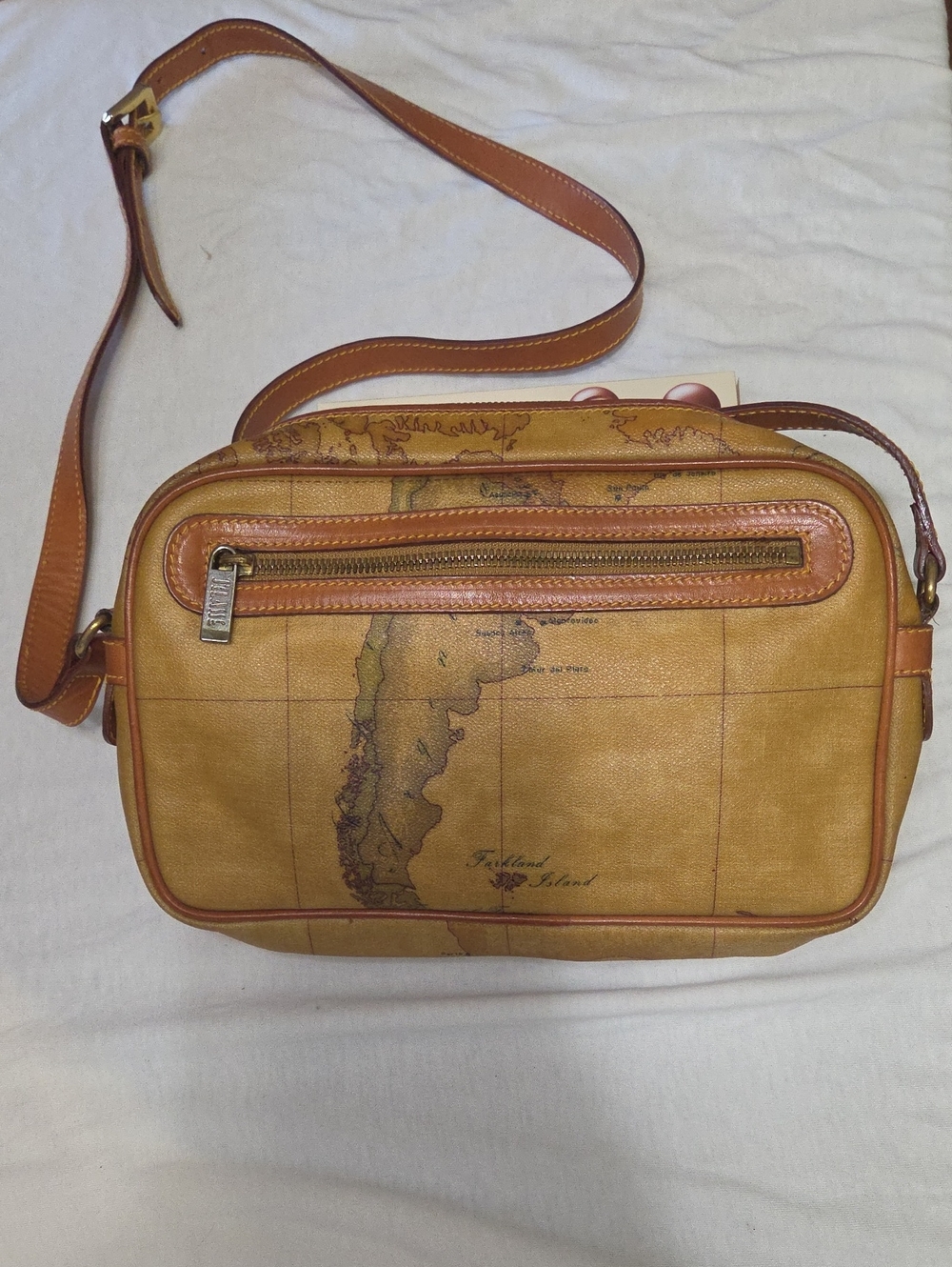 Alviero Martini Tan Map-Print Leather Crossbody